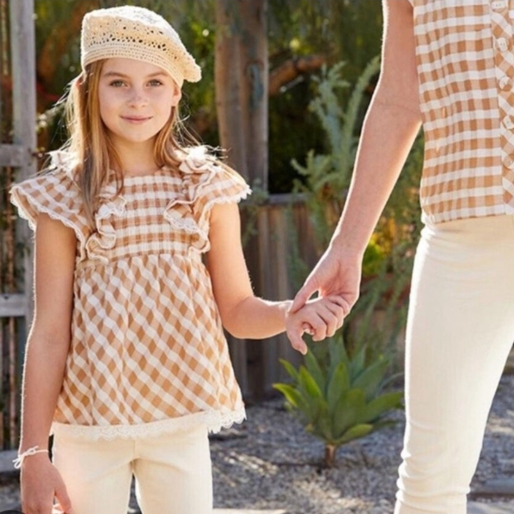 Matilda Jane Kids Gingham Top - Tan and White